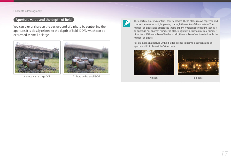 Aperture value and the depth of field | Samsung EV-NX30ZZBGBUS User Manual | Page 18 / 217