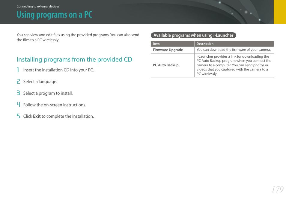 Using programs on a pc, Installing programs from the provided cd, Available programs when using i-launcher | Samsung EV-NX30ZZBGBUS User Manual | Page 180 / 217
