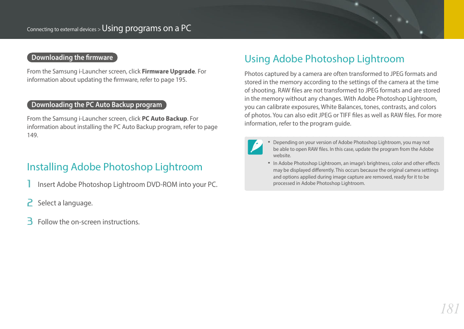 Downloading the firmware, Downloading the pc auto backup program, Installing adobe photoshop lightroom | Using adobe photoshop lightroom | Samsung EV-NX30ZZBGBUS User Manual | Page 182 / 217