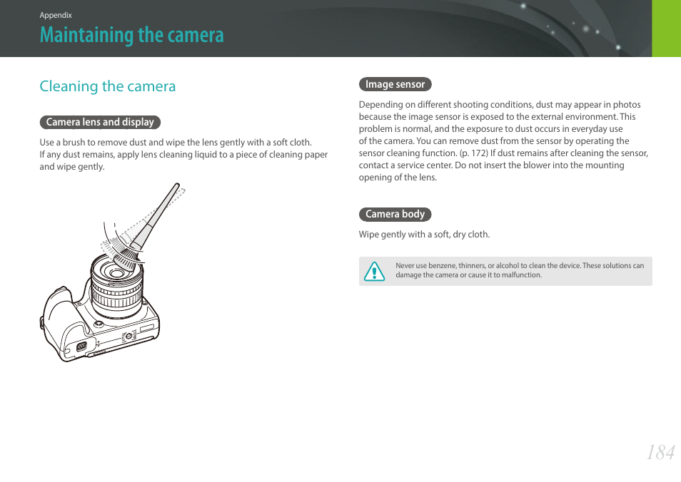 Maintaining the camera, Cleaning the camera, Camera lens and display | Image sensor, Camera body, Camera lens and display image sensor camera body | Samsung EV-NX30ZZBGBUS User Manual | Page 185 / 217