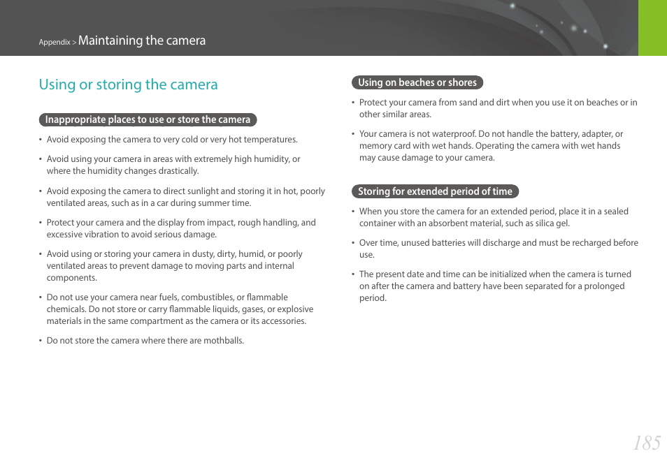 Using or storing the camera, Inappropriate places to use or store the camera, Using on beaches or shores | Storing for extended period of time, Maintaining the camera | Samsung EV-NX30ZZBGBUS User Manual | Page 186 / 217