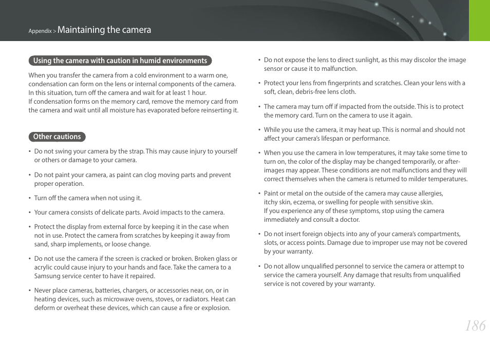 Other cautions, Maintaining the camera | Samsung EV-NX30ZZBGBUS User Manual | Page 187 / 217