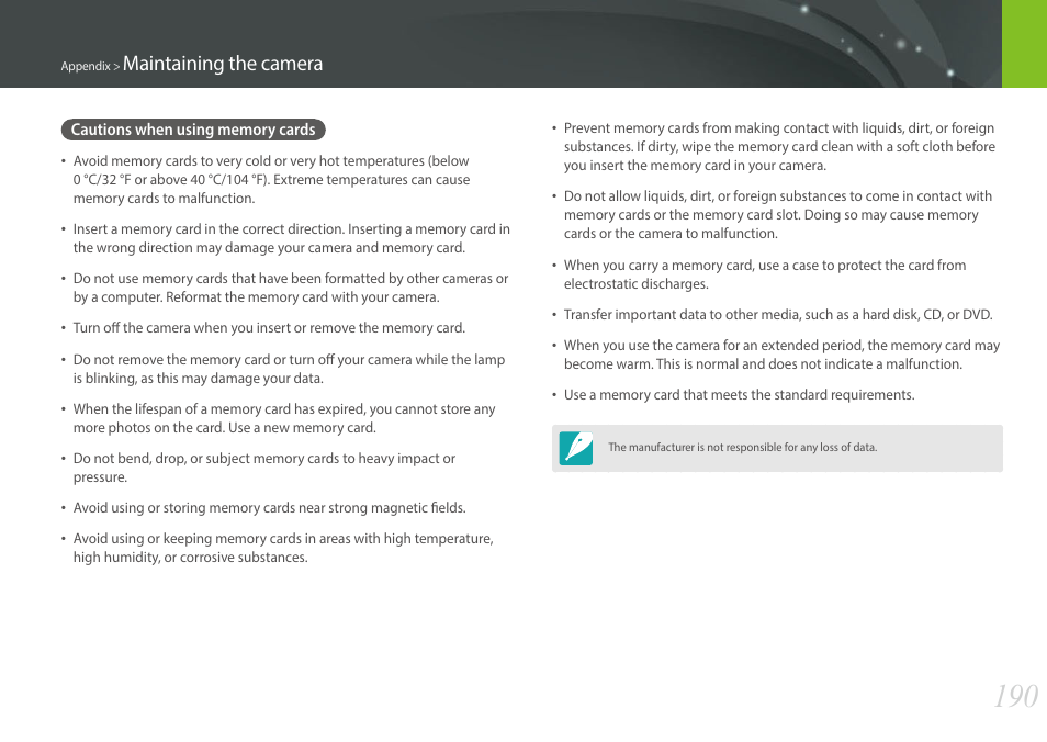 Cautions when using memory cards, Maintaining the camera | Samsung EV-NX30ZZBGBUS User Manual | Page 191 / 217