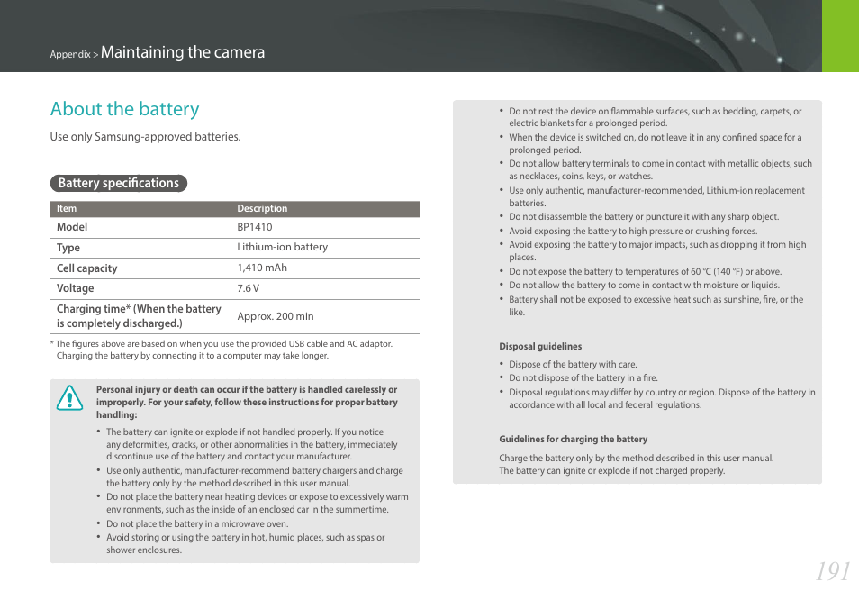 About the battery, Battery specifications, Maintaining the camera | Samsung EV-NX30ZZBGBUS User Manual | Page 192 / 217