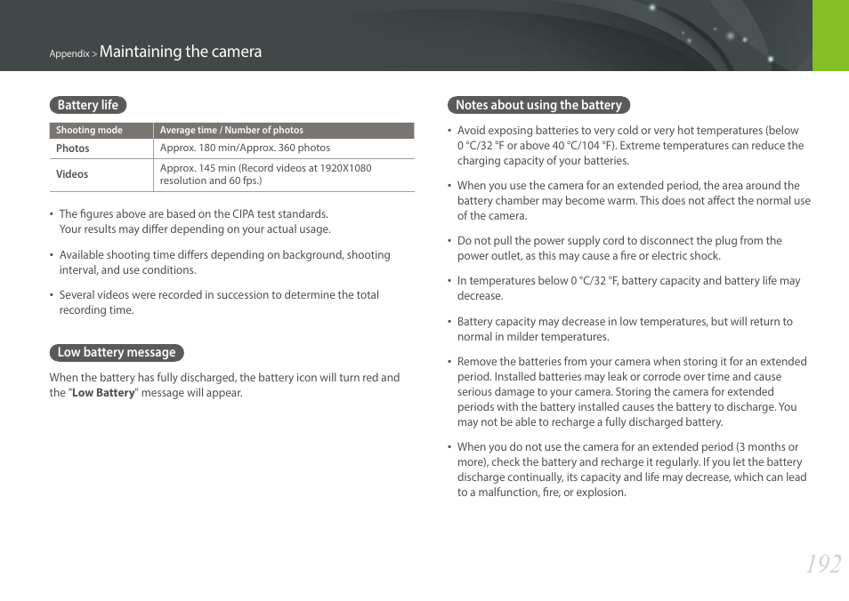 Battery life, Low battery message, Notes about using the battery | Maintaining the camera | Samsung EV-NX30ZZBGBUS User Manual | Page 193 / 217