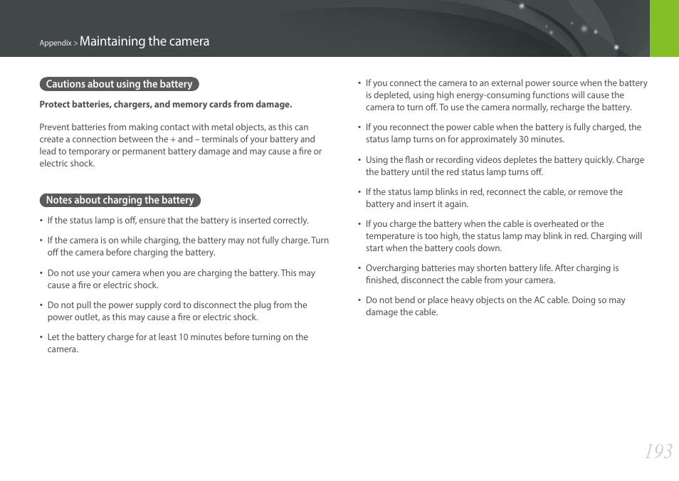 Cautions about using the battery, Notes about charging the battery, Maintaining the camera | Samsung EV-NX30ZZBGBUS User Manual | Page 194 / 217