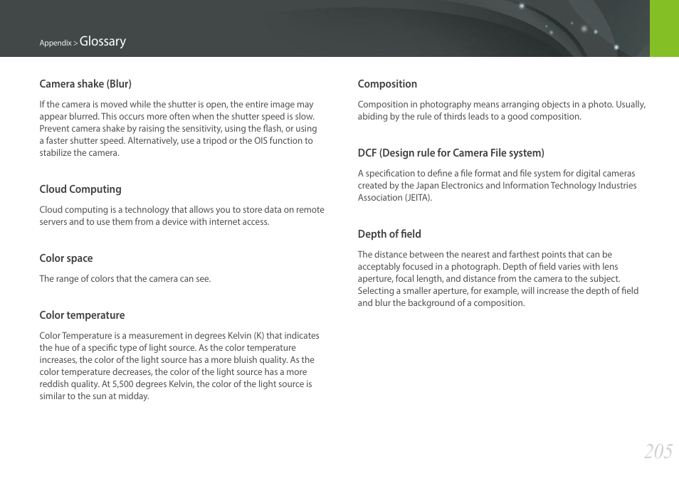 Glossary | Samsung EV-NX30ZZBGBUS User Manual | Page 206 / 217