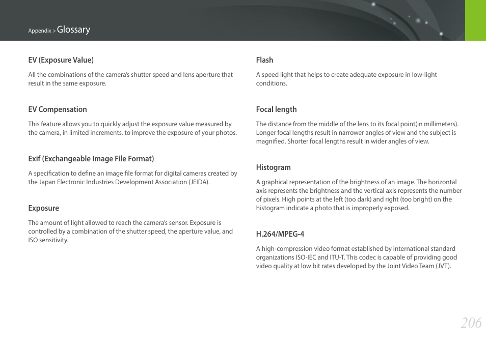 Glossary | Samsung EV-NX30ZZBGBUS User Manual | Page 207 / 217