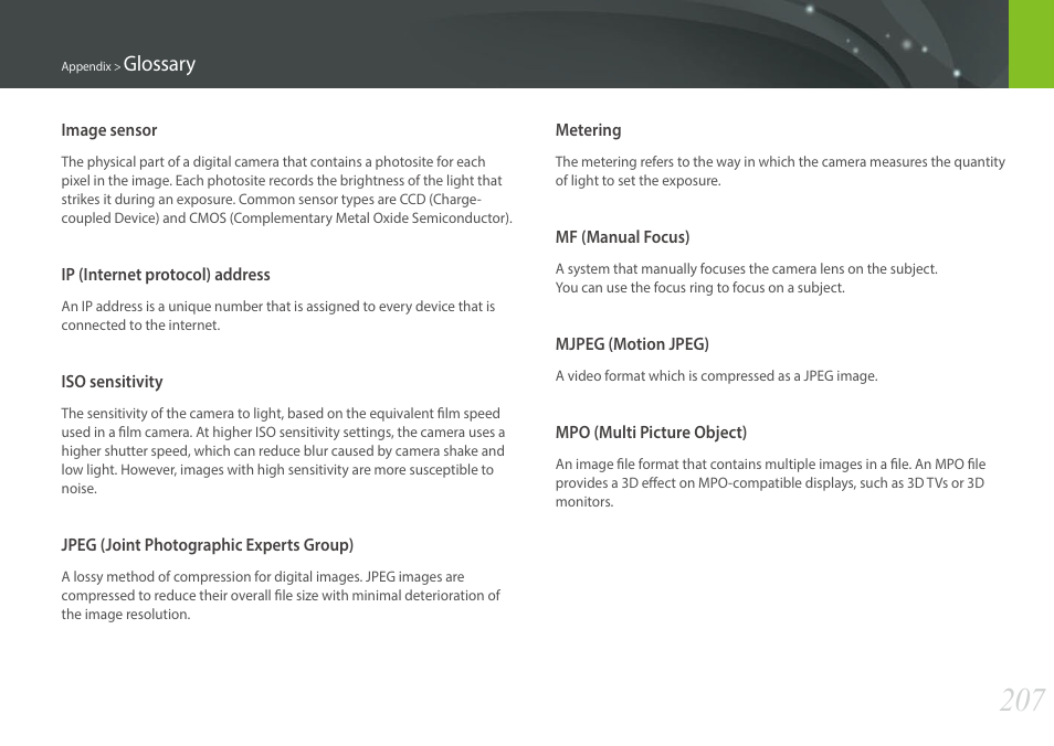 Glossary | Samsung EV-NX30ZZBGBUS User Manual | Page 208 / 217