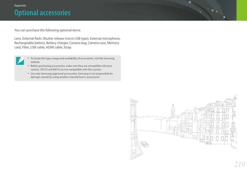 Optional accessories | Samsung EV-NX30ZZBGBUS User Manual | Page 211 / 217