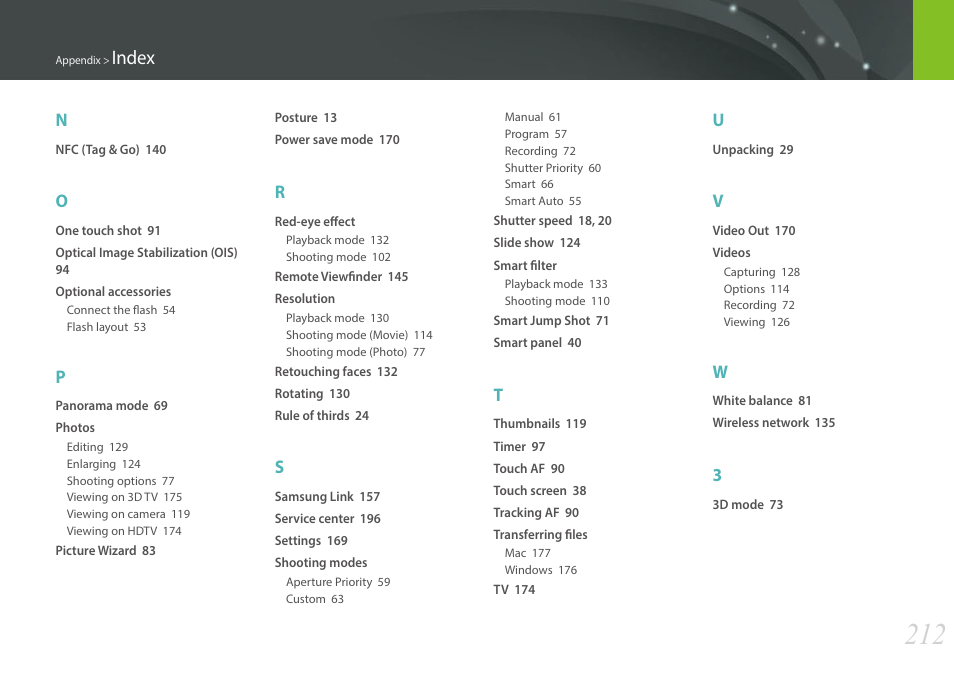 Index | Samsung EV-NX30ZZBGBUS User Manual | Page 213 / 217