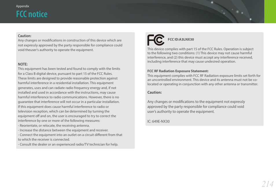 Fcc notice | Samsung EV-NX30ZZBGBUS User Manual | Page 215 / 217