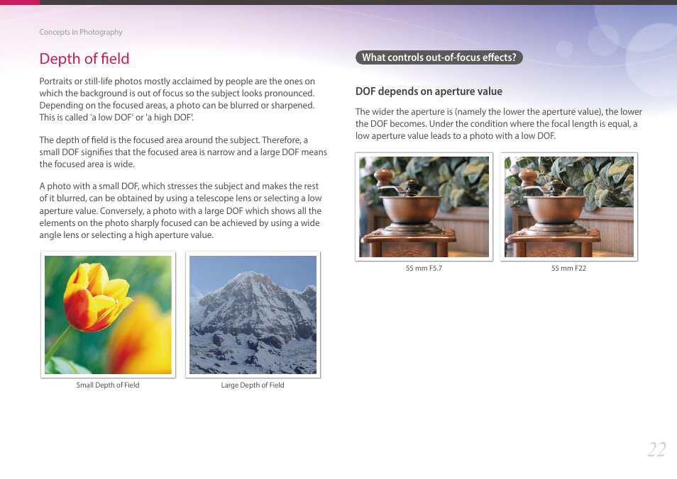 Depth of field, What controls out-of-focus effects | Samsung EV-NX30ZZBGBUS User Manual | Page 23 / 217