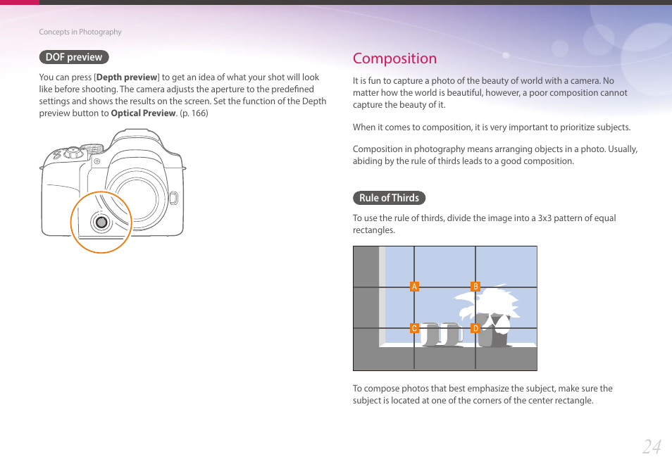 Dof preview, Composition, Rule of thirds | Samsung EV-NX30ZZBGBUS User Manual | Page 25 / 217