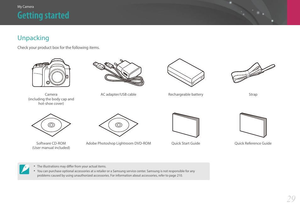 Getting started, Unpacking | Samsung EV-NX30ZZBGBUS User Manual | Page 30 / 217