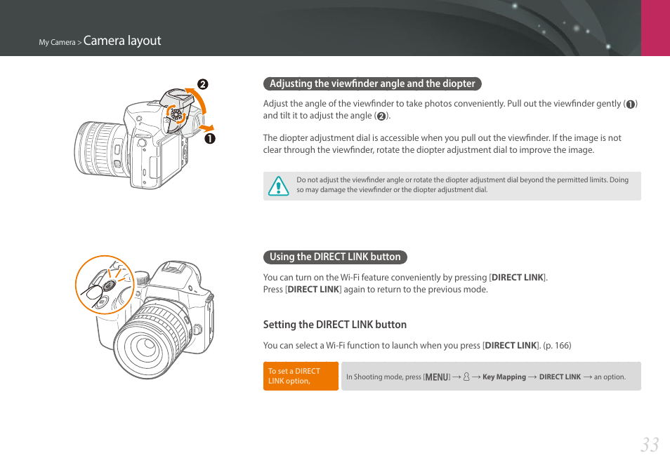 Adjusting the viewfinder angle and the diopter, Using the direct link button, Camera layout | Samsung EV-NX30ZZBGBUS User Manual | Page 34 / 217