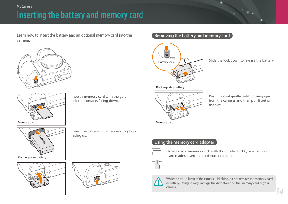 Inserting the battery and memory card, Removing the battery and memory card, Using the memory card adapter | Samsung EV-NX30ZZBGBUS User Manual | Page 35 / 217