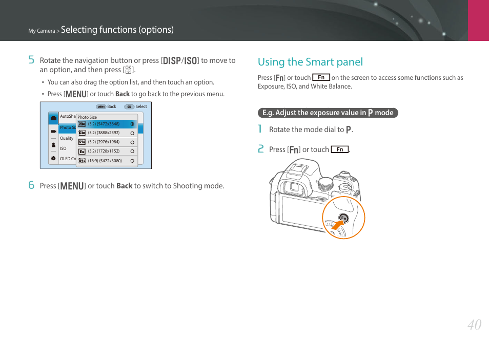 Using the smart panel, E.g. adjust the exposure value in p mode, Selecting functions (options) | Samsung EV-NX30ZZBGBUS User Manual | Page 41 / 217
