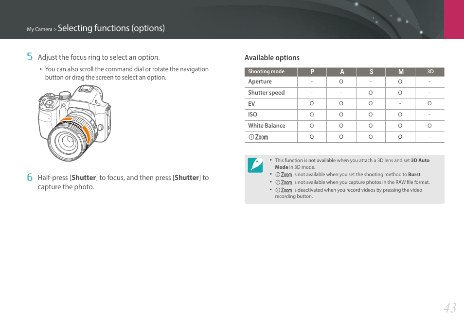 Selecting functions (options) | Samsung EV-NX30ZZBGBUS User Manual | Page 44 / 217