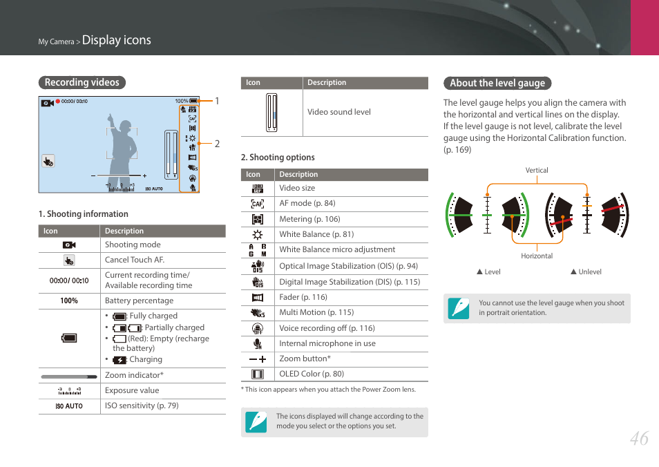 Recording videos, About the level gauge, Recording videos about the level gauge | Display icons | Samsung EV-NX30ZZBGBUS User Manual | Page 47 / 217