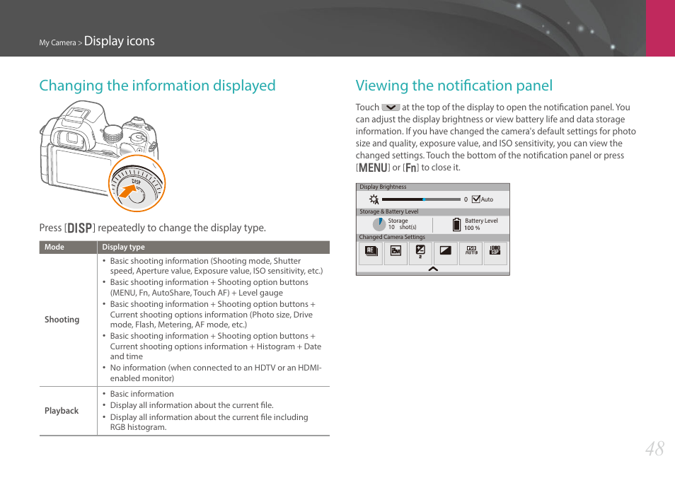 Changing the information displayed, Viewing the notification panel, Display icons | Samsung EV-NX30ZZBGBUS User Manual | Page 49 / 217