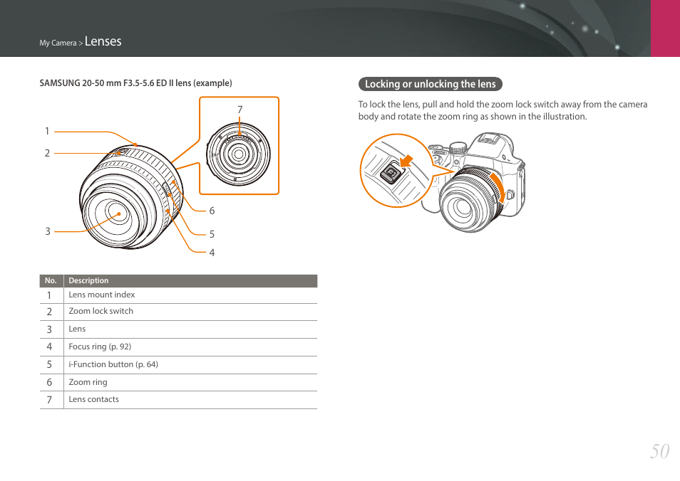 Locking or unlocking the lens, Lenses | Samsung EV-NX30ZZBGBUS User Manual | Page 51 / 217