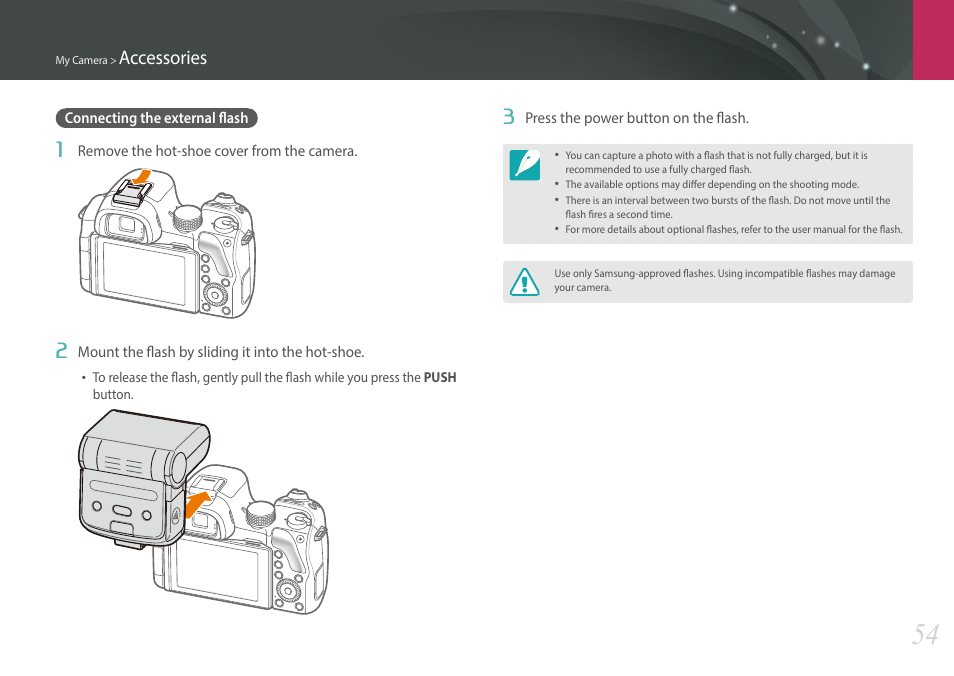 Connecting the external flash, Accessories | Samsung EV-NX30ZZBGBUS User Manual | Page 55 / 217