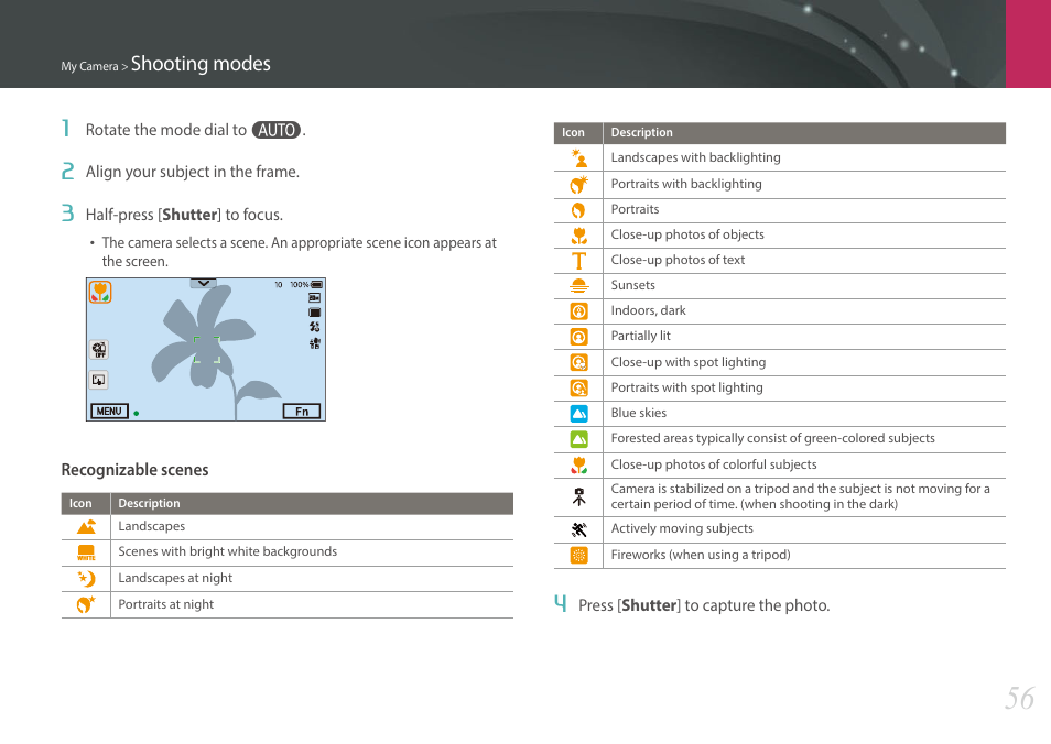 Shooting modes | Samsung EV-NX30ZZBGBUS User Manual | Page 57 / 217