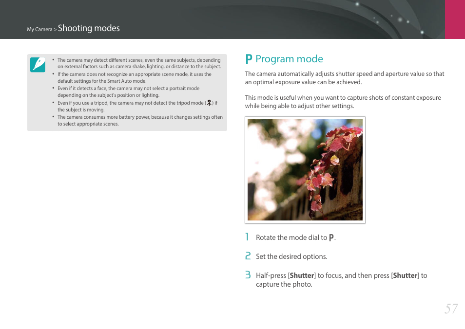 Program mode, P program mode, Shooting modes | Samsung EV-NX30ZZBGBUS User Manual | Page 58 / 217