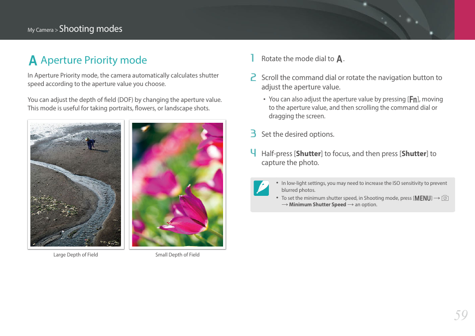 Aperture priority mode, A aperture priority mode, Shooting modes | Samsung EV-NX30ZZBGBUS User Manual | Page 60 / 217