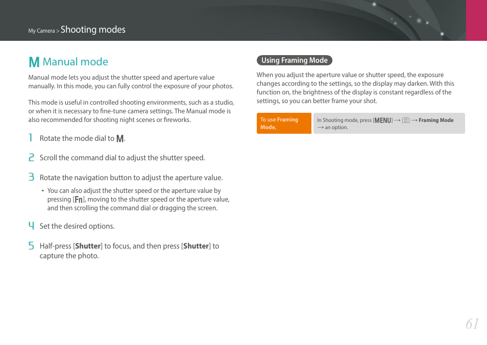 Manual mode, Using framing mode, M manual mode | Shooting modes | Samsung EV-NX30ZZBGBUS User Manual | Page 62 / 217