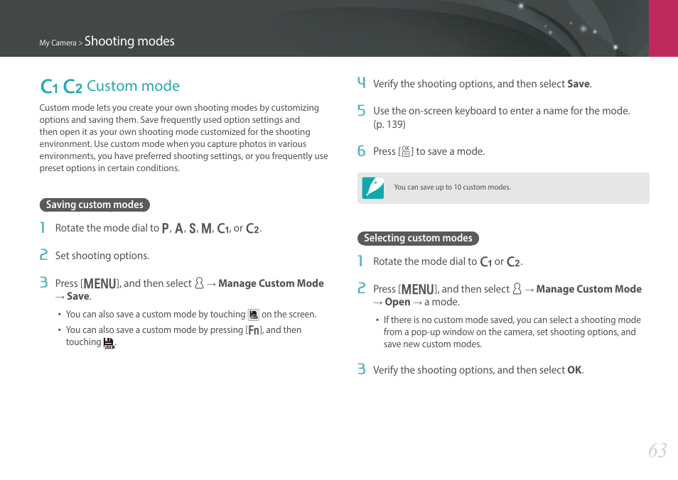 Custom mode, Saving custom modes, Selecting custom modes | T u custom mode, Saving custom modes selecting custom modes | Samsung EV-NX30ZZBGBUS User Manual | Page 64 / 217