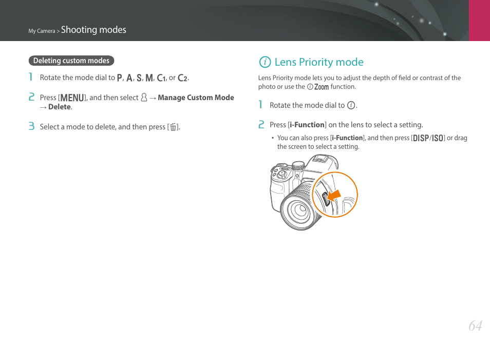 Deleting custom modes, Lens priority mode, I lens priority mode | Samsung EV-NX30ZZBGBUS User Manual | Page 65 / 217