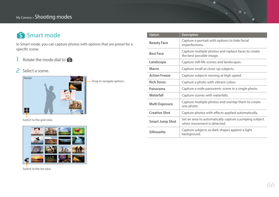 Smart mode, S smart mode, Shooting modes | Samsung EV-NX30ZZBGBUS User Manual | Page 67 / 217