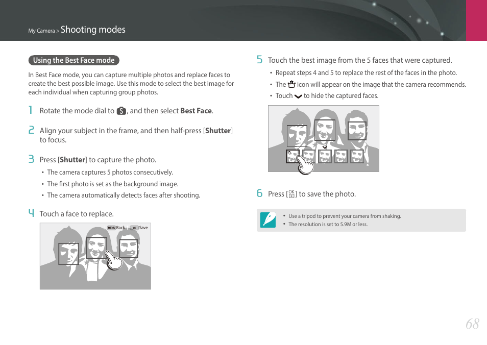 Using the best face mode, Shooting modes | Samsung EV-NX30ZZBGBUS User Manual | Page 69 / 217