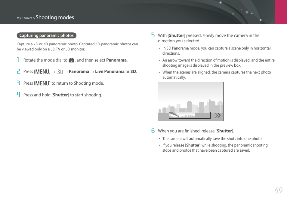 Capturing panoramic photos, Shooting modes | Samsung EV-NX30ZZBGBUS User Manual | Page 70 / 217