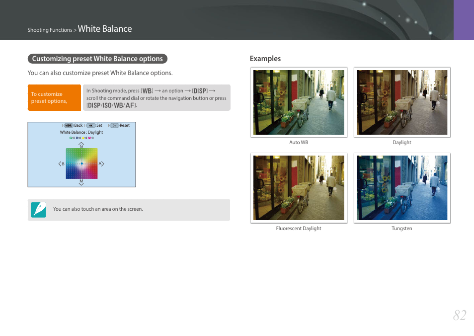 Customizing preset white balance options, White balance, Examples | Samsung EV-NX30ZZBGBUS User Manual | Page 83 / 217