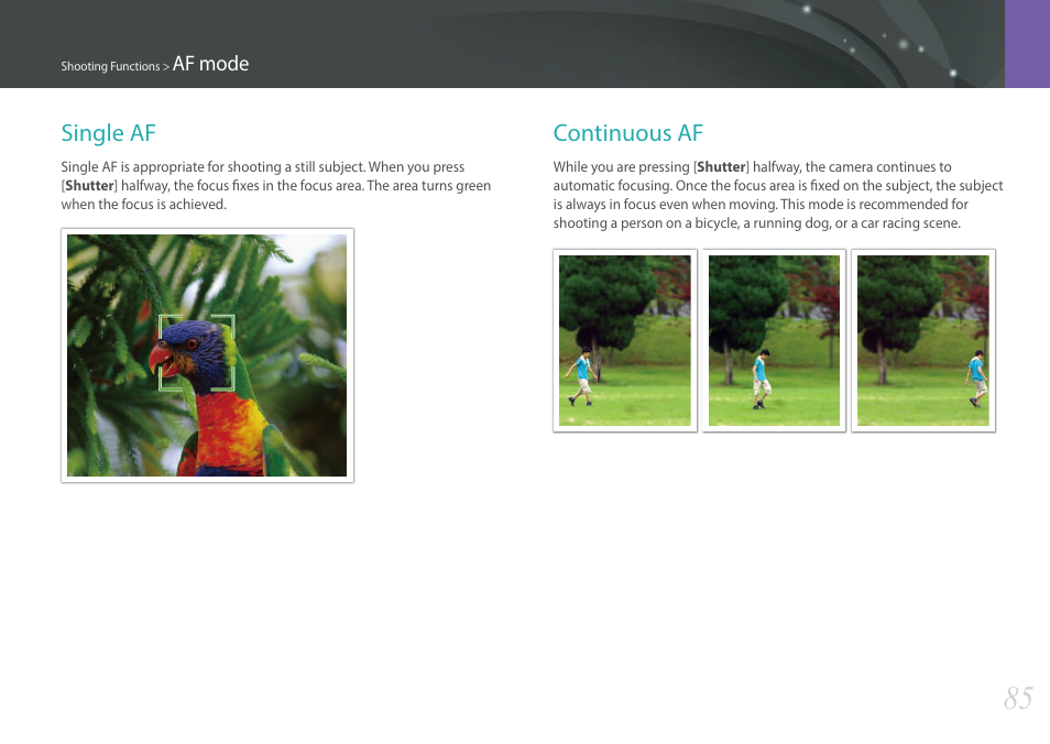 Single af, Continuous af, Single af continuous af | Samsung EV-NX30ZZBGBUS User Manual | Page 86 / 217