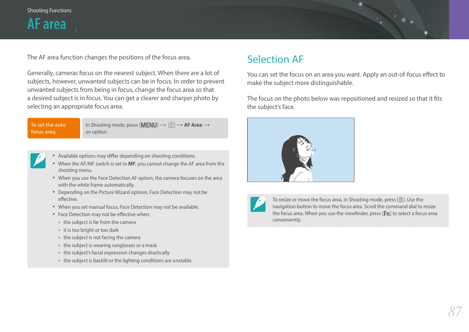 Af area, Selection af | Samsung EV-NX30ZZBGBUS User Manual | Page 88 / 217