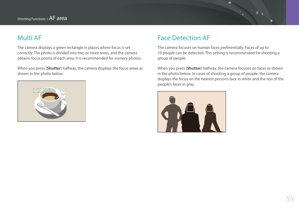 Multi af, Face detection af, Multi af face detection af | Samsung EV-NX30ZZBGBUS User Manual | Page 89 / 217