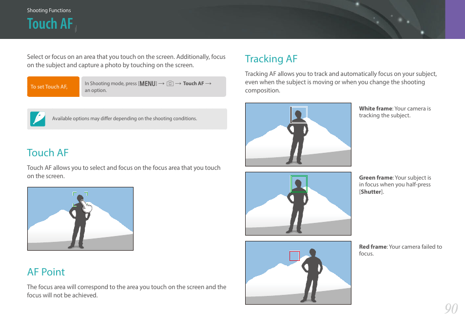 Touch af, Af point, Tracking af | Touch af af point tracking af | Samsung EV-NX30ZZBGBUS User Manual | Page 91 / 217