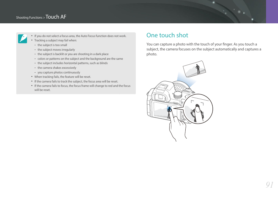 One touch shot, Touch af | Samsung EV-NX30ZZBGBUS User Manual | Page 92 / 217