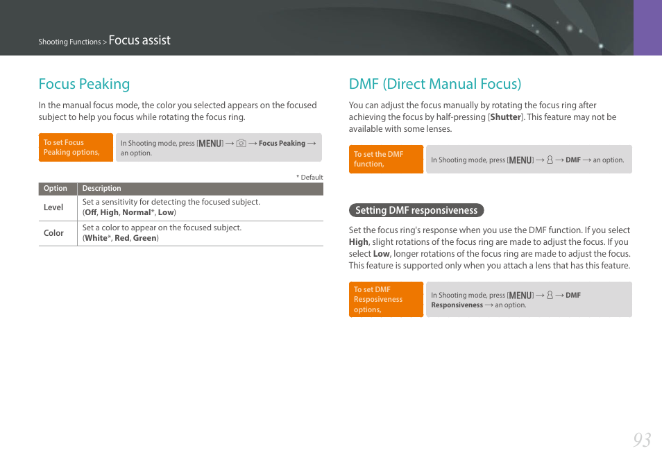 Focus peaking, Dmf (direct manual focus), Setting dmf responsiveness | Focus peaking dmf (direct manual focus), Focus assist | Samsung EV-NX30ZZBGBUS User Manual | Page 94 / 217