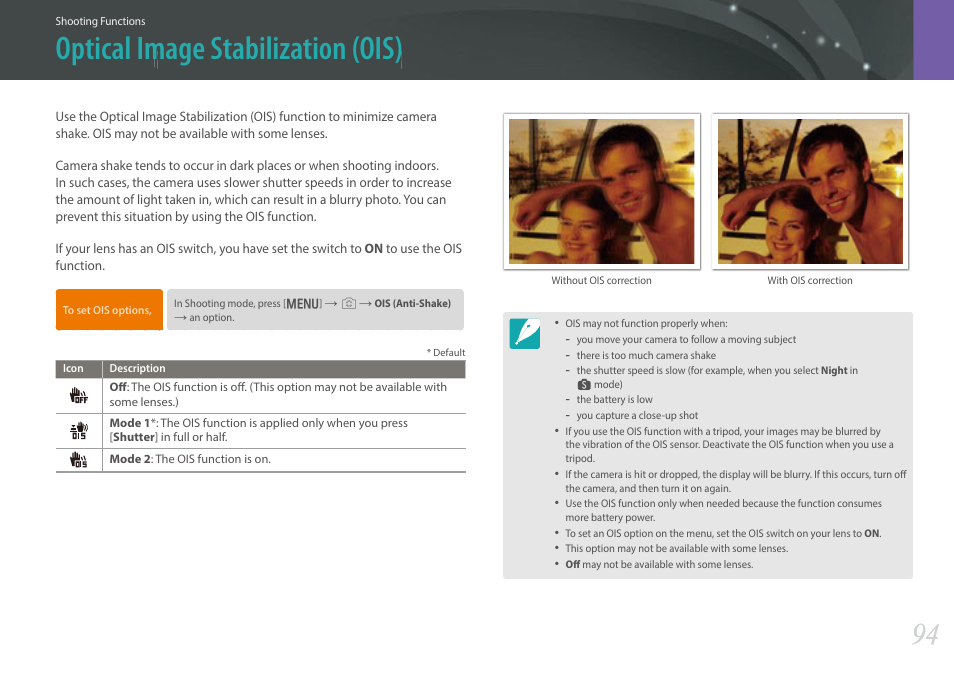 Optical image stabilization (ois), Optical image stabilization (ois ) | Samsung EV-NX30ZZBGBUS User Manual | Page 95 / 217