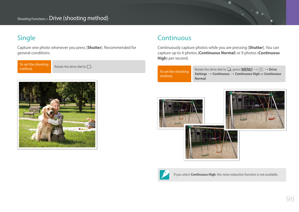 Single, Continuous, Single continuous | Drive (shooting method) | Samsung EV-NX30ZZBGBUS User Manual | Page 97 / 217