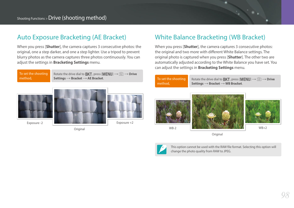 Auto exposure bracketing (ae bracket), White balance bracketing (wb bracket), Drive (shooting method) | Samsung EV-NX30ZZBGBUS User Manual | Page 99 / 217