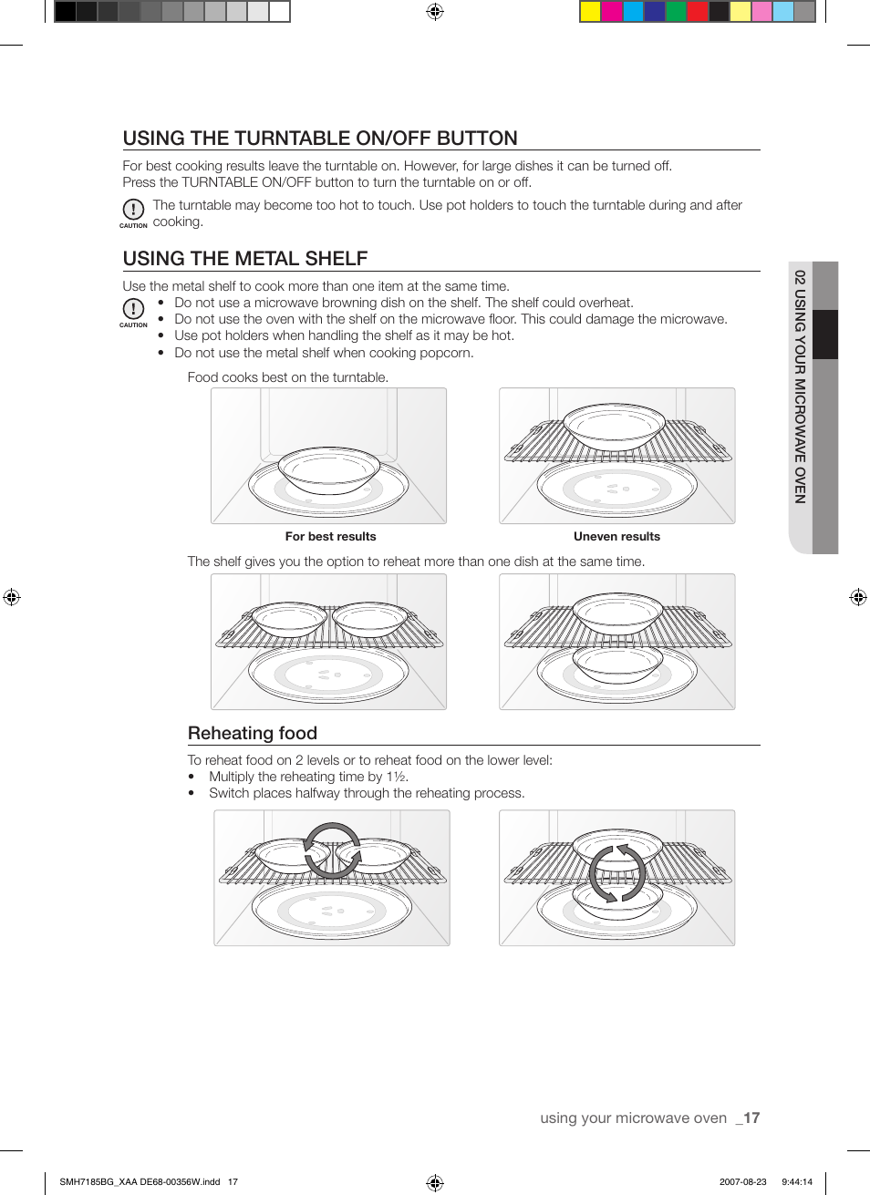 Using the turntable on/off button, Using the metal shelf, Reheating food | Samsung SMH7185BG-XAA User Manual | Page 17 / 44