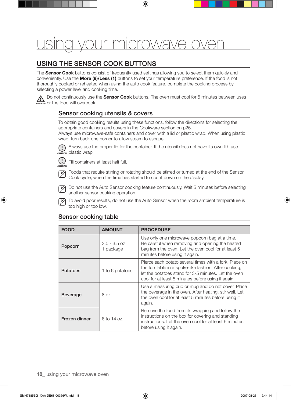 Using your microwave oven, Using the sensor cook buttons, Sensor cooking utensils & covers | Sensor cooking table | Samsung SMH7185BG-XAA User Manual | Page 18 / 44