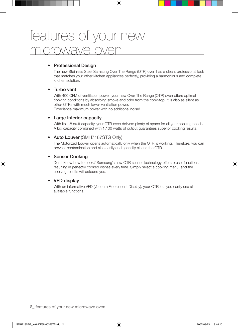 Features of your newmicrowave oven, Features of your new microwave oven | Samsung SMH7185BG-XAA User Manual | Page 2 / 44