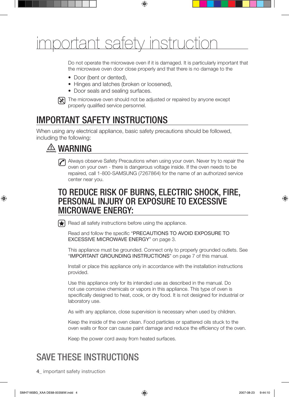 Important safety instruction, Important safety instructions, Save these instructions | Warning | Samsung SMH7185BG-XAA User Manual | Page 4 / 44